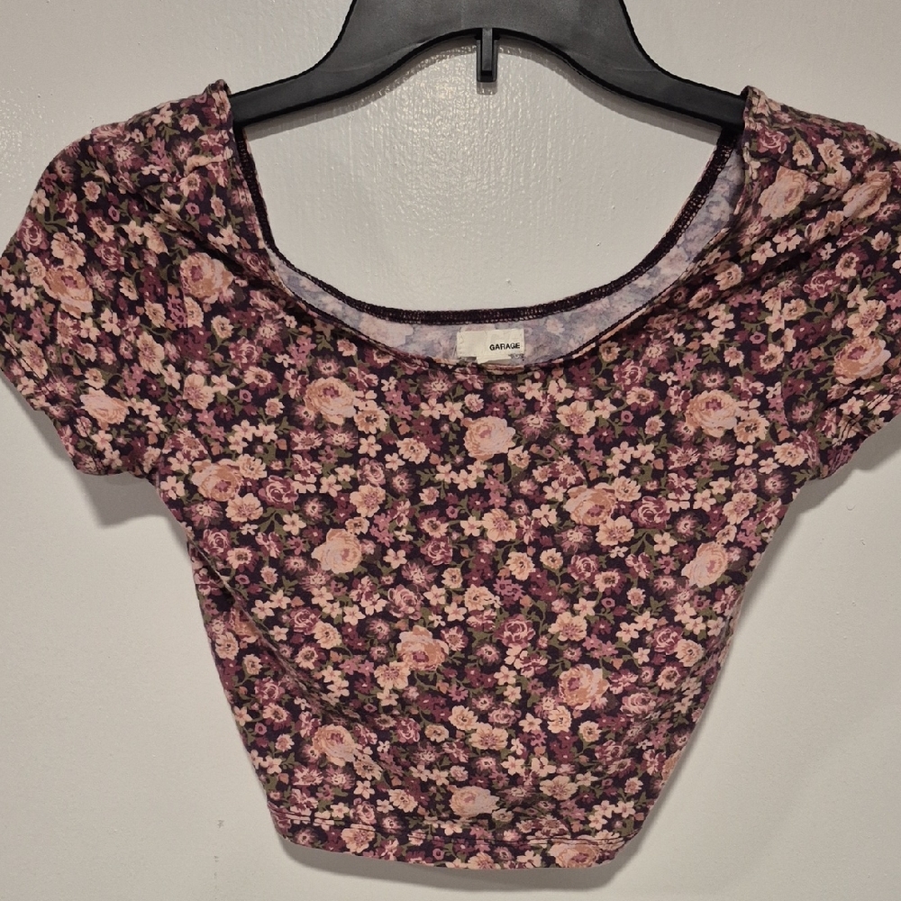 Garage -  Floral Scoop Neck Crop Top in Purple and Pink